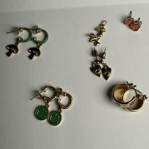 Lot 5+ Pair Smiley Face Mushroom Earrings Green Red Orange Hearts Flower Hoops